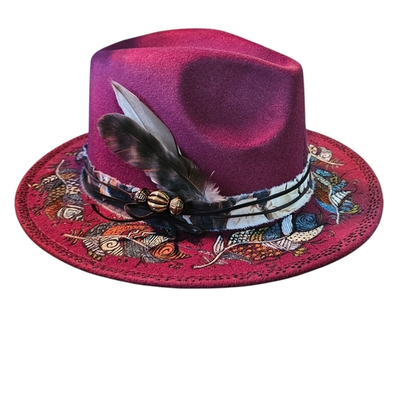Hand Burned and Painted Wide Brim Fedora Hat With Feathers, Western Feel - Picture 2 of 5